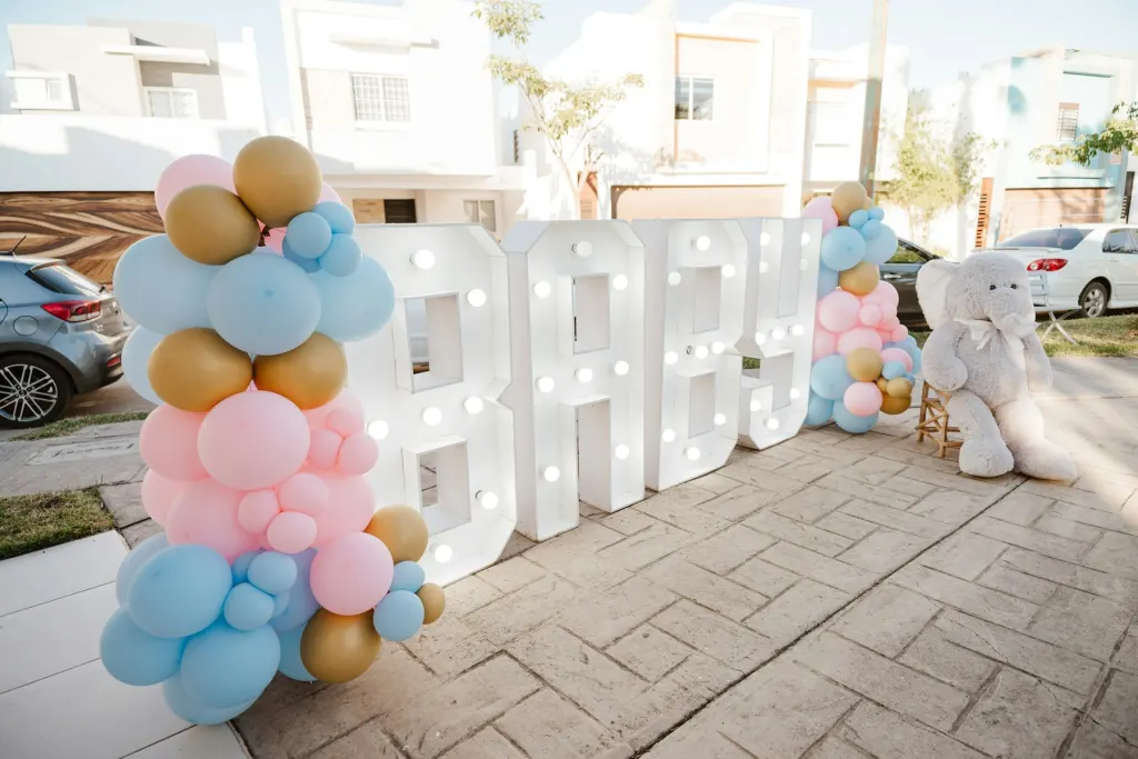 Marquee BABY letters with pastel balloons
